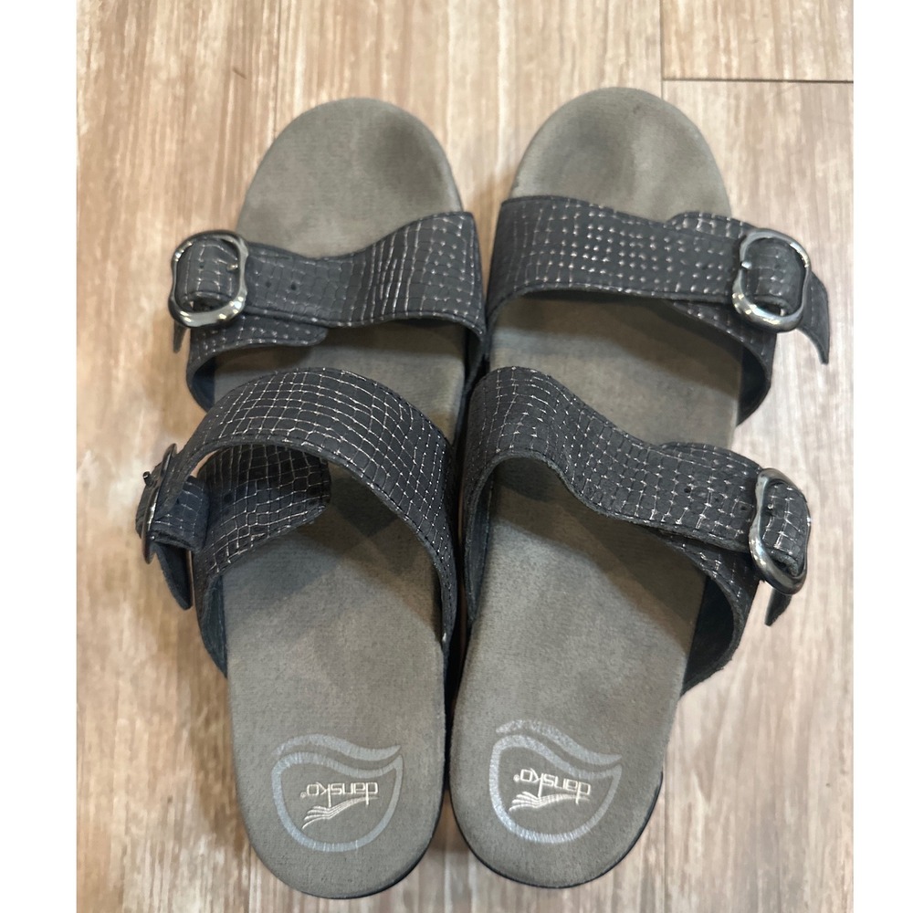 Dansko Women 39 Metallic Grid Leather Double Buckle Slide Wedge Sandals 8.5-9